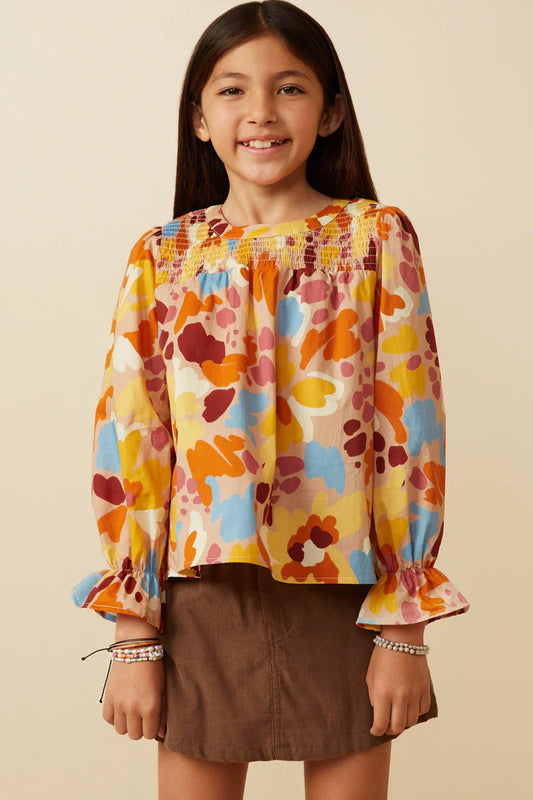 Abstract Floral Smocked Yoke Top