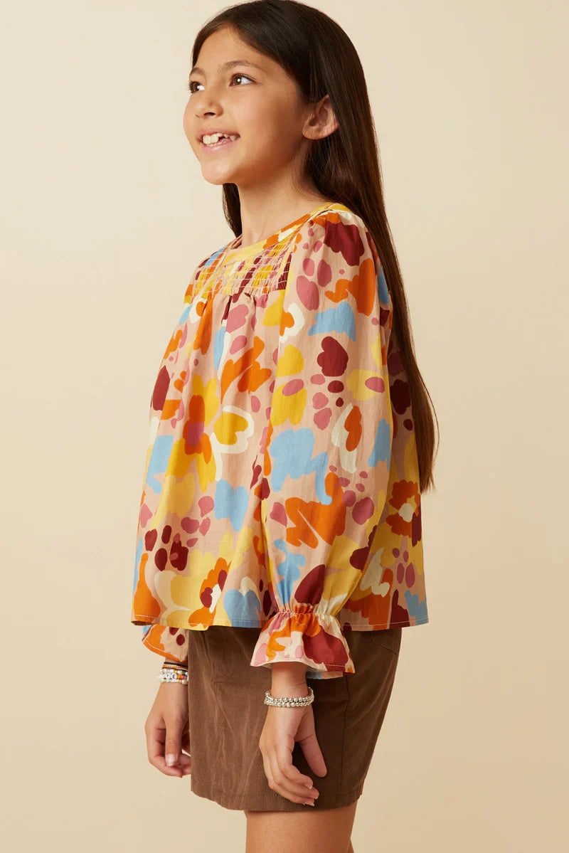 Abstract Floral Smocked Yoke Top