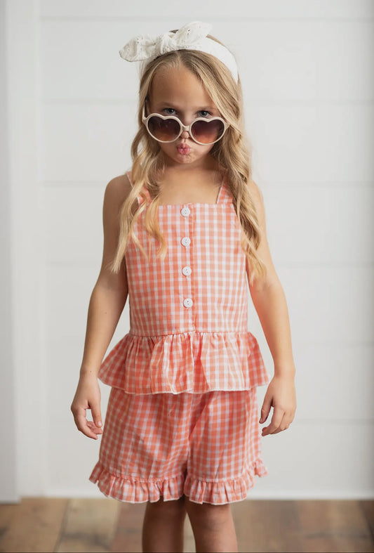 Rust Check Gingham Ruffle Button Short Set