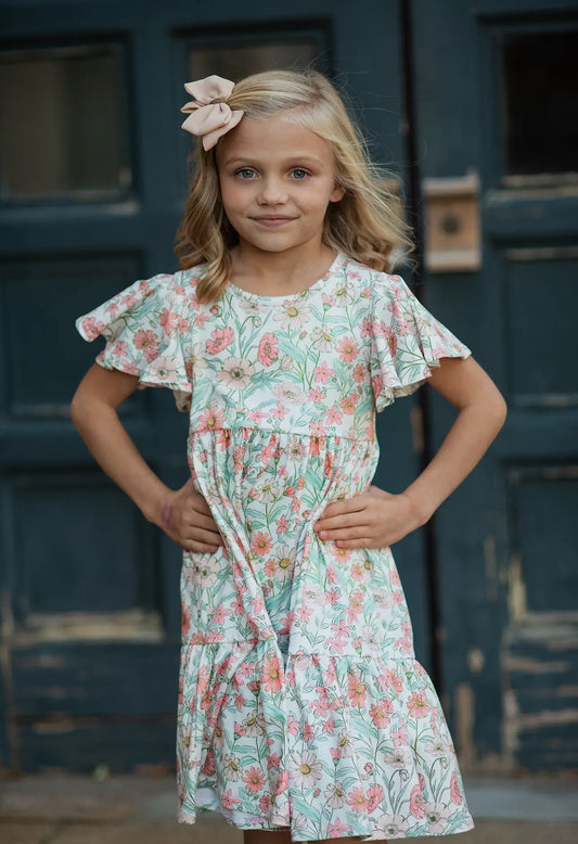 Vintage Beige Floral Spring Flutter Sleeve Dress