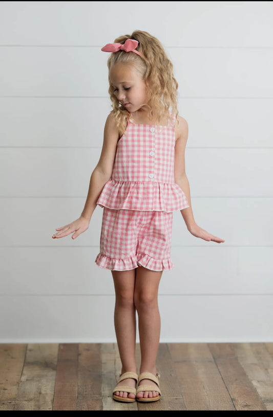 Pink Check Gingham Ruffle Button Short Set