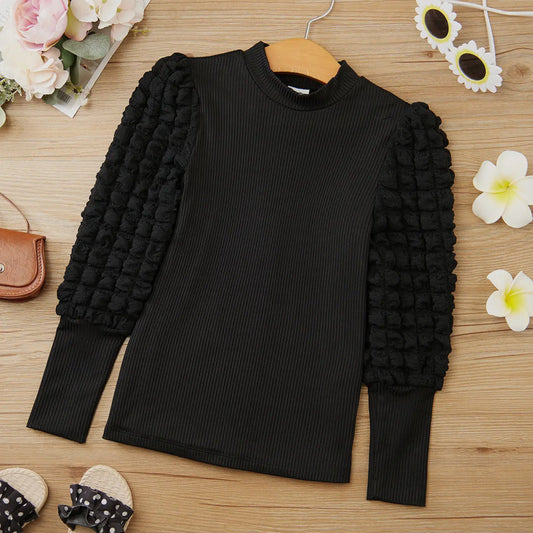 Textured Long Puff Sleeve Mock Neck Top