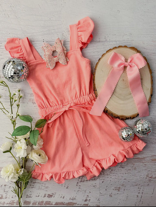 Coral Tied Ruffle Romper