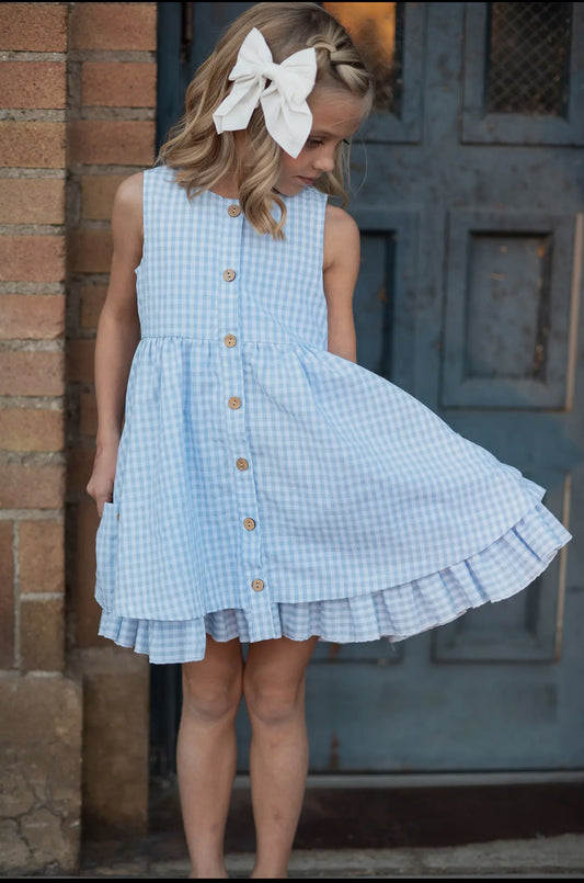 Blue & White Gingham Check Pocket Ruffle Dress