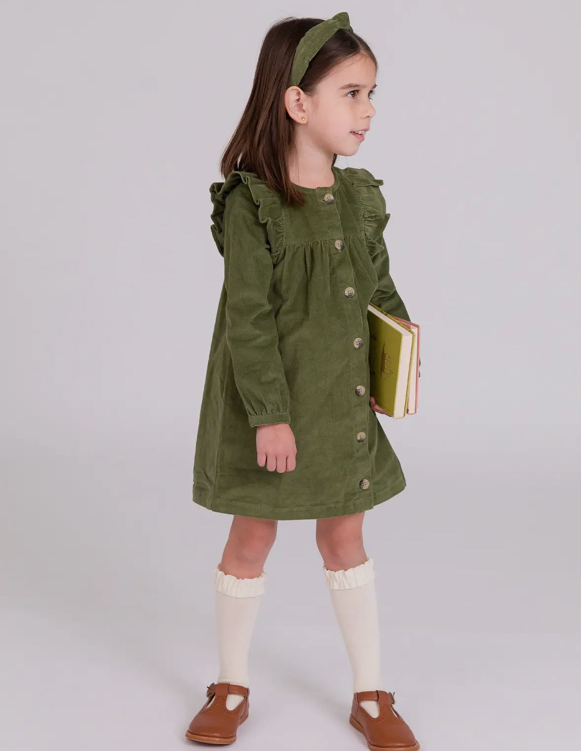 Girls Dusty Olive Stretch Corduroy Dress