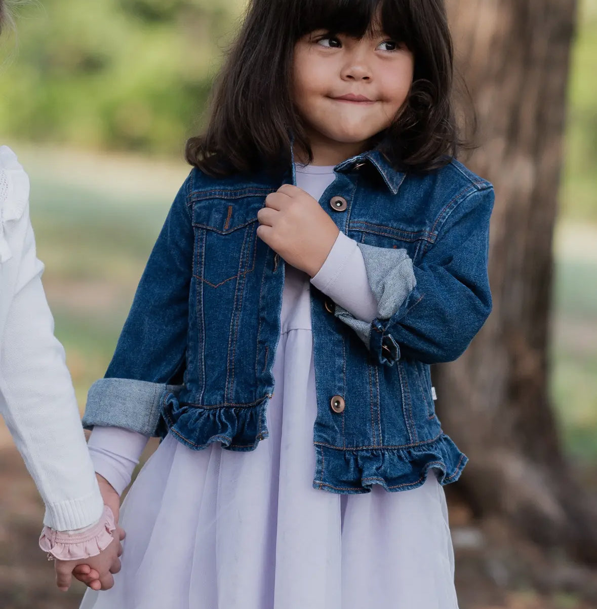 Girls Medium Wash Ruffle Denim Jacket