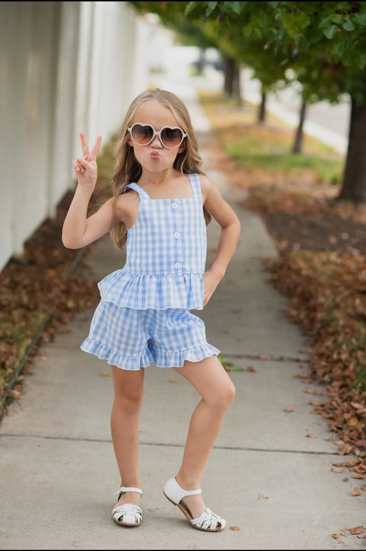 Blue Check Gingham Ruffle Button Short Set