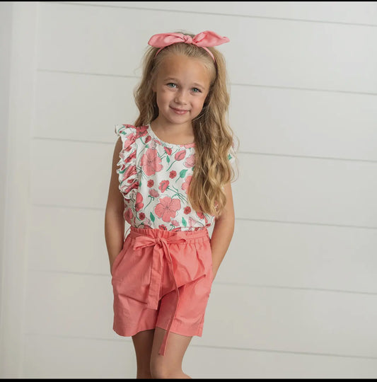 Coral Pink Floral Ruffle Pocket Short Set