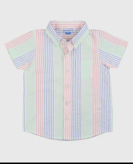 Multi-Color Seersucker Short Sleeve Button Down Shirt