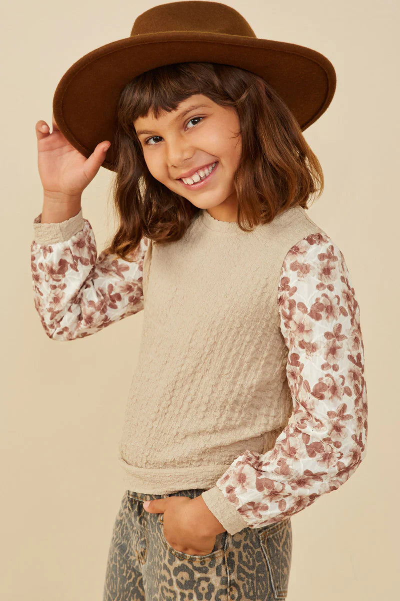 Girls Mix Media Textured Floral Sleeve Top