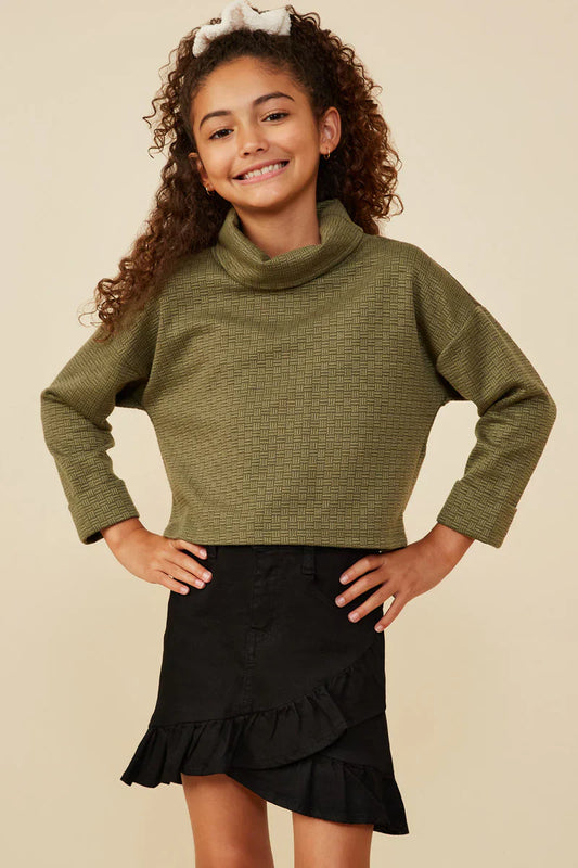 Textured Knit Drop Shoulder Turtleneck Top