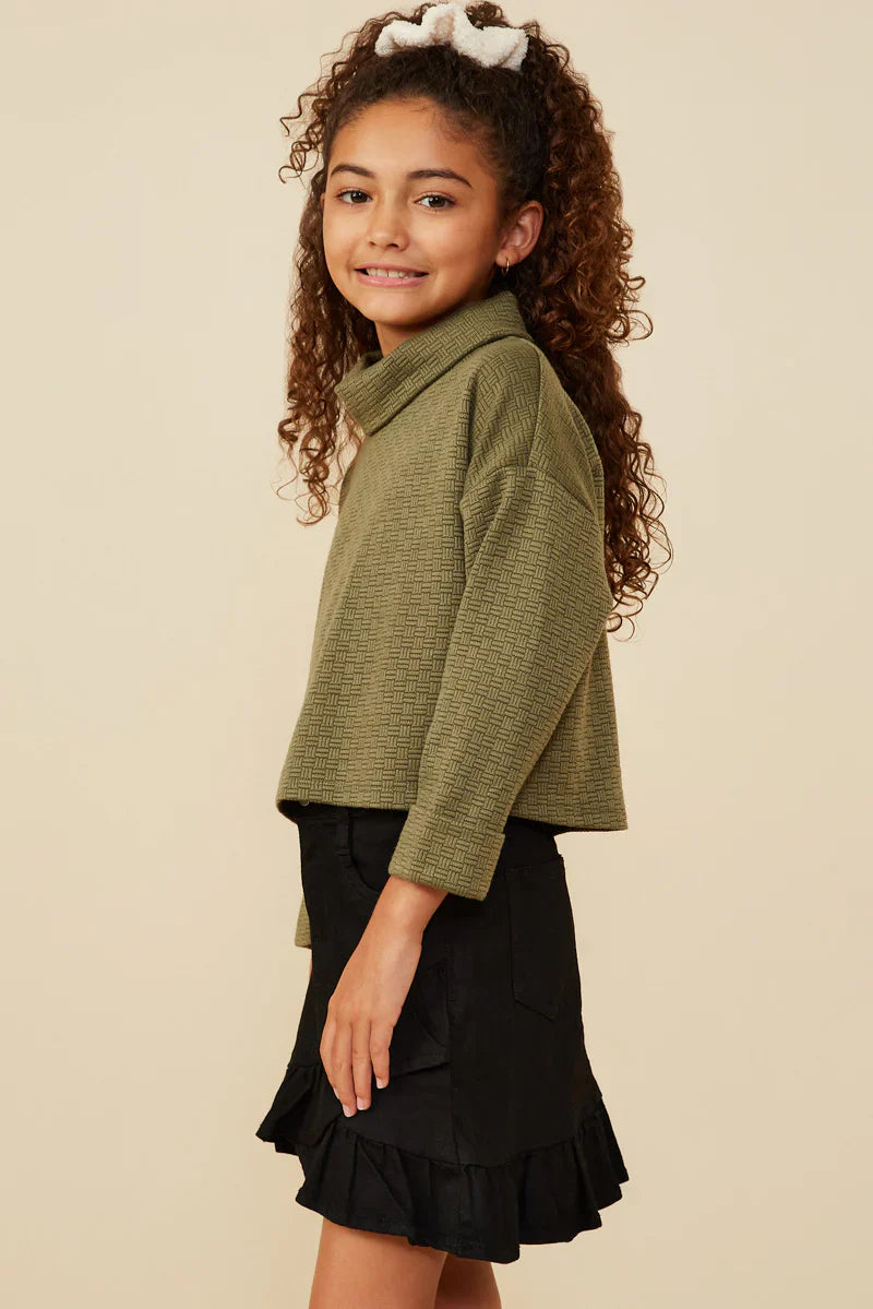 Textured Knit Drop Shoulder Turtleneck Top