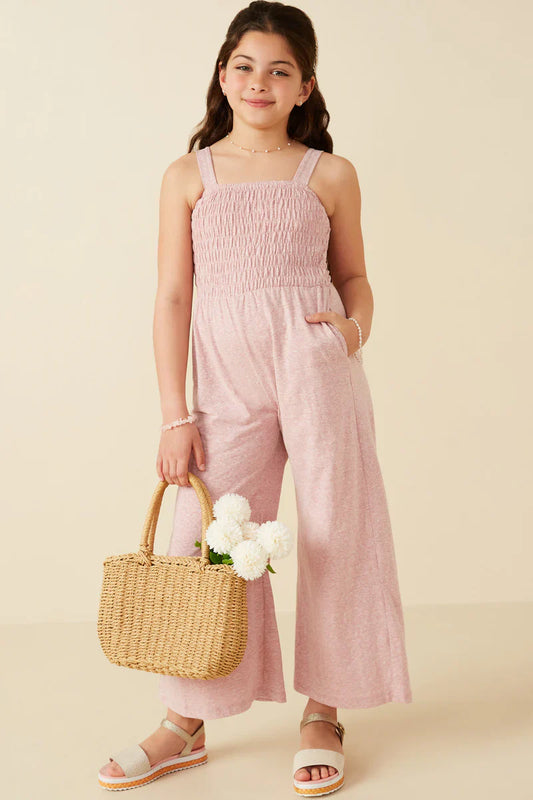 Smocked Strappy Marled Knit Jumpsuit